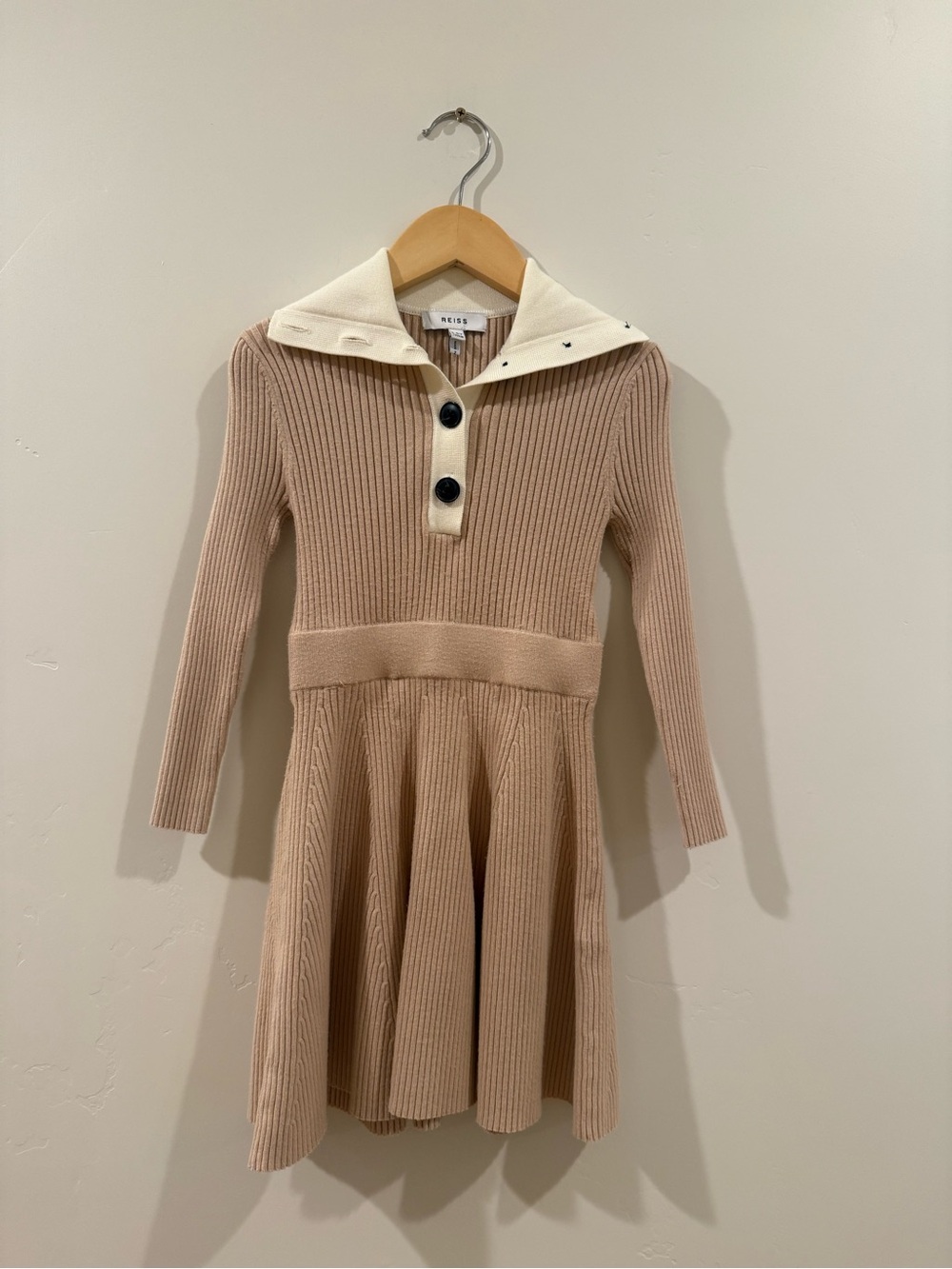 Reiss Cream Collar Beige Ribbed Knit Dress